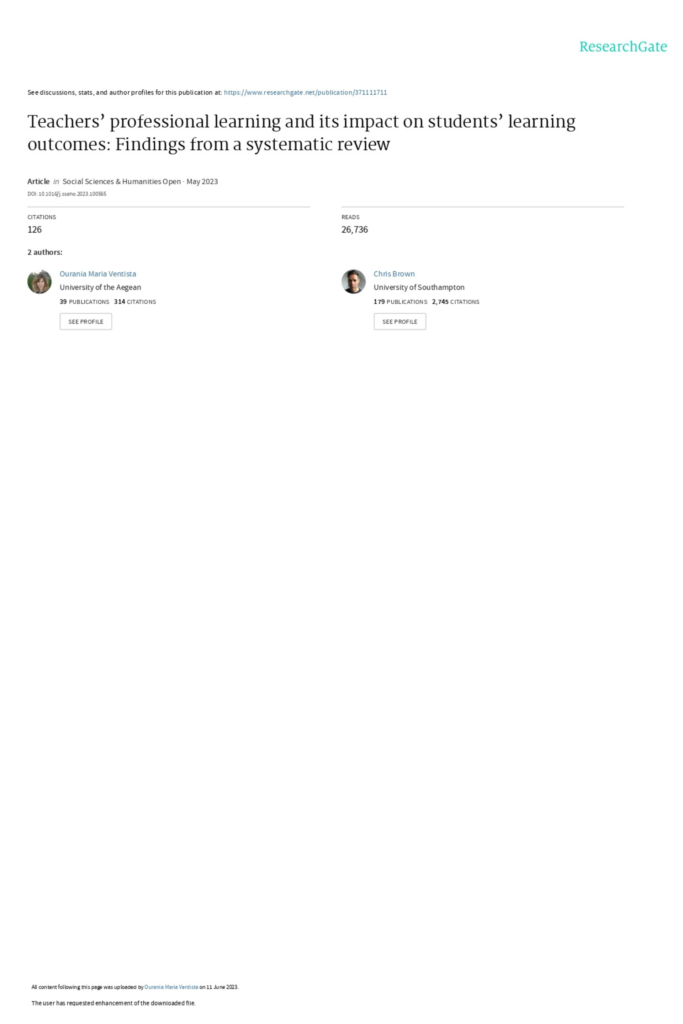 Teachers’ Professional Learning And Its Impact On  Students’ Learning Outcomes: Findings From A Systematic  Review