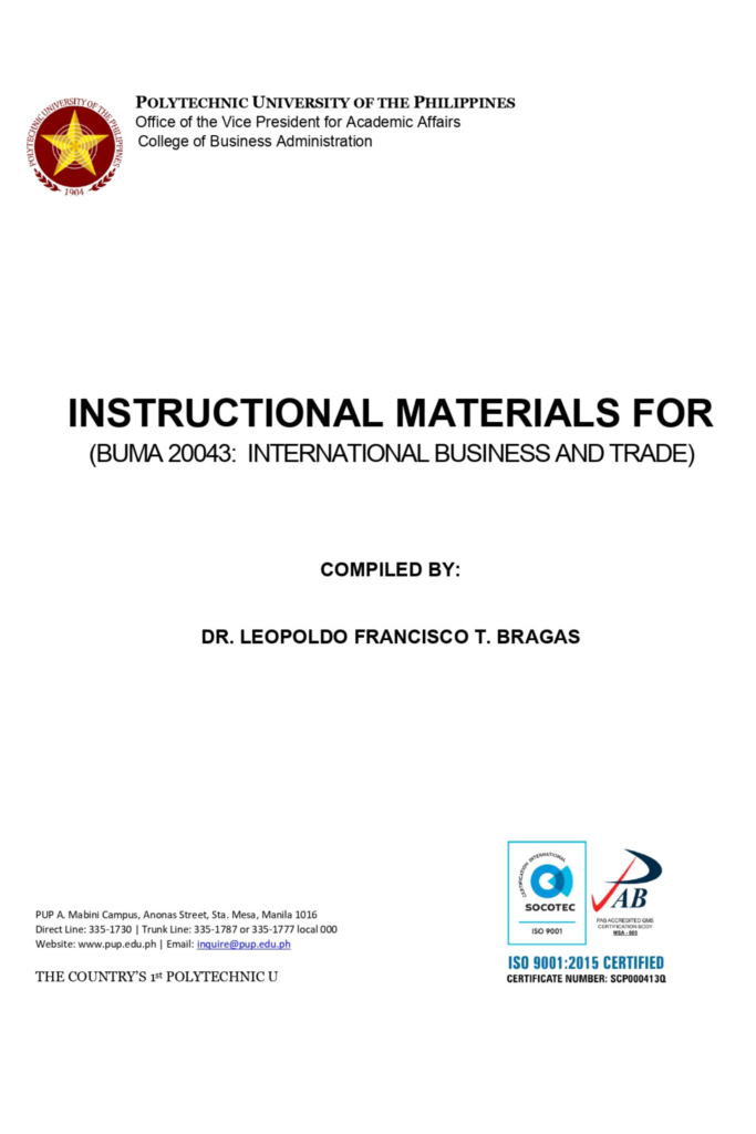 INSTRUCTIONAL MATERIALS FOR (BUMA 20043: INTERNATIONAL BUSINESS AND TRADE)