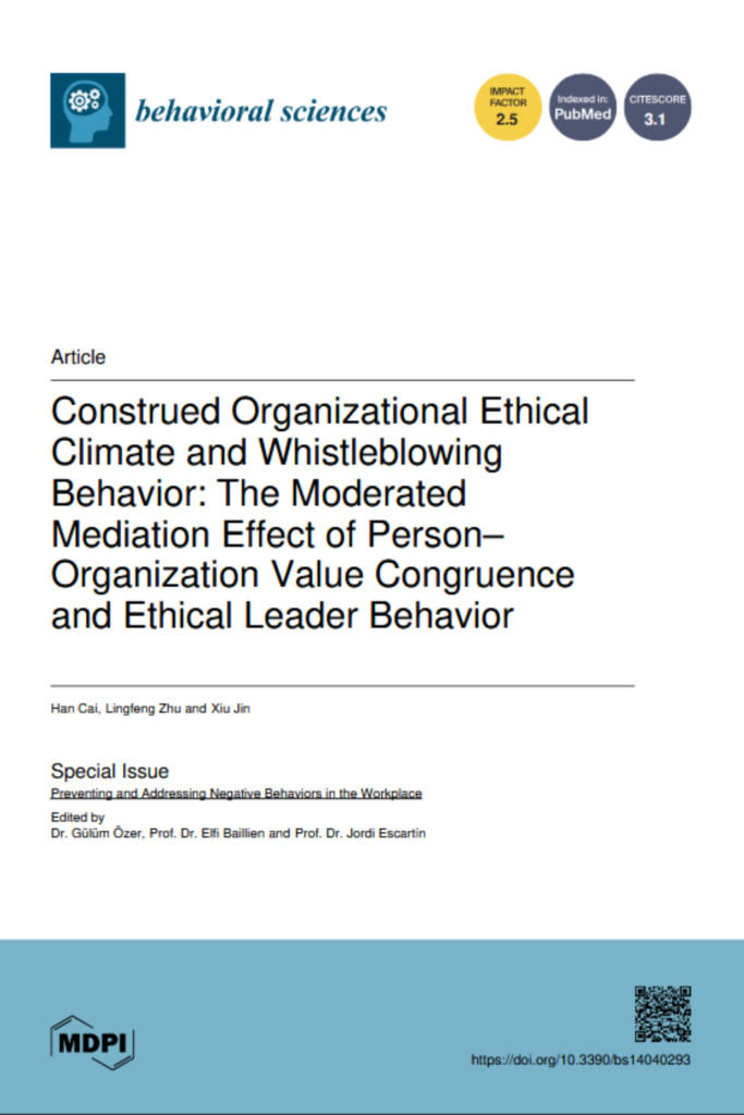 Construed Organizational Ethical Climate and Whistleblowing Behavior: The Moderated Mediation Effect of Person–Organization Value Congruence and Ethical Leader Behavior