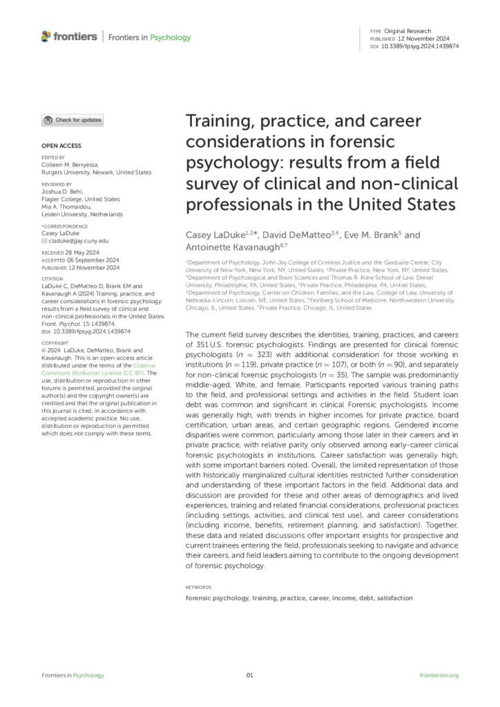 Training, practice, and career considerations in forensic psychology: results from a field survey of clinical and non-clinical professionals in the United States Casey